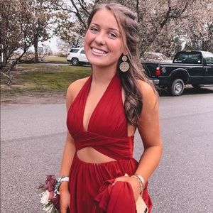 fame and partners maroon prom dress